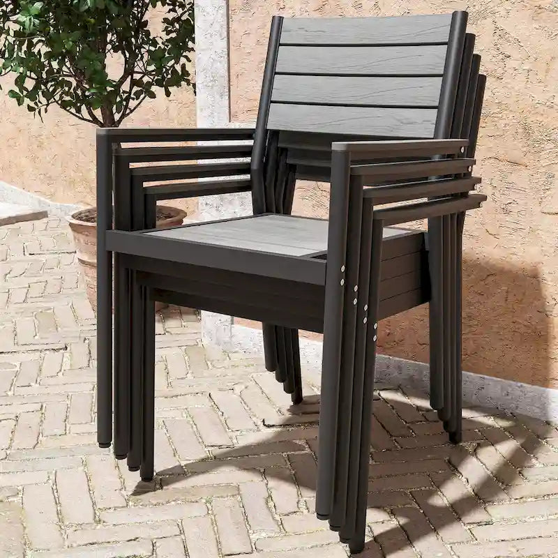 Set da pranzo da esterno in alluminio per patio, da 5/7 pezzi, con sedie impilabili e tavolo allungabile