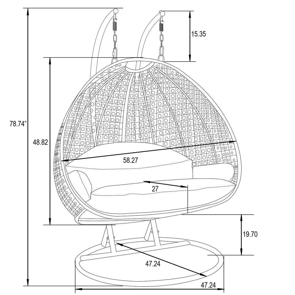 Poltrona sospesa a uovo LeisureMod per 2 persone con supporto - Altalena da patio in rattan intrecciato per esterni/interni, chaise longue con cuscini