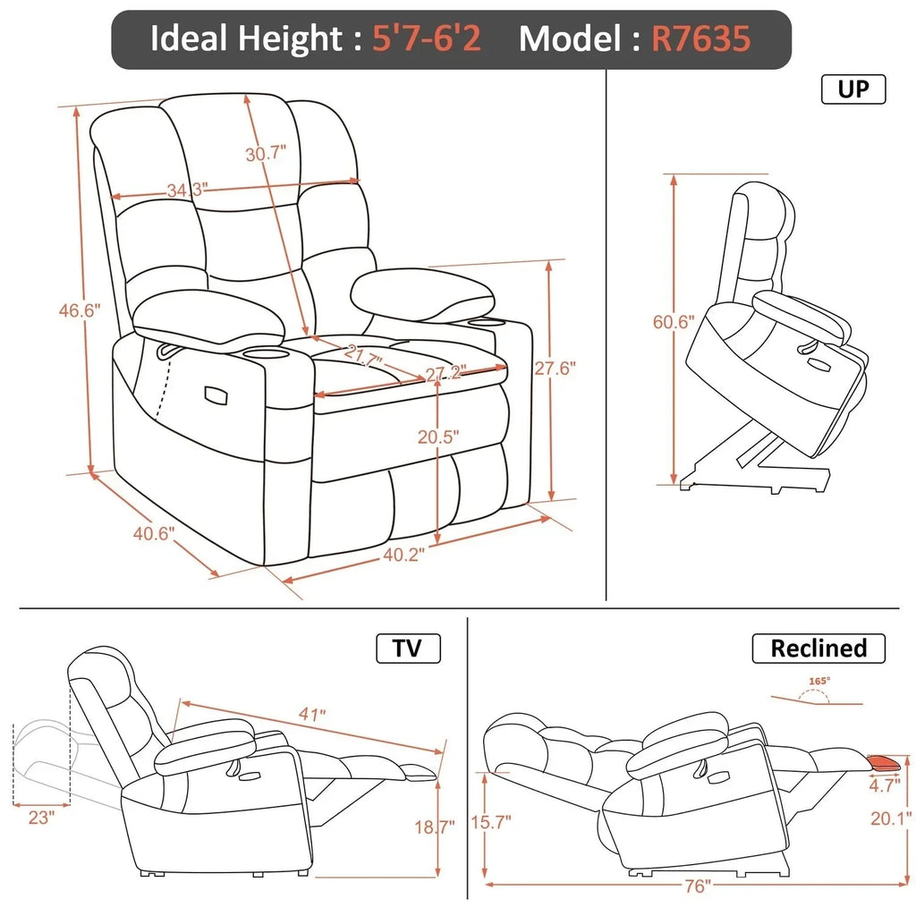 MCombo breiter Dual-Motor-Aufstehsessel mit Massage- und zweifacher Heizfunktion für große und kräftige Senioren, Stoff R7635