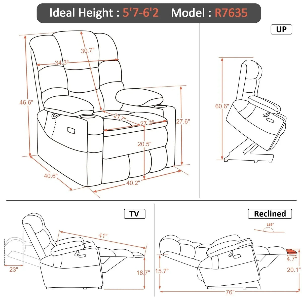 MCombo breiter Dual-Motor-Aufstehsessel mit Massage- und zweifacher Heizfunktion für große und kräftige Senioren, Stoff R7635