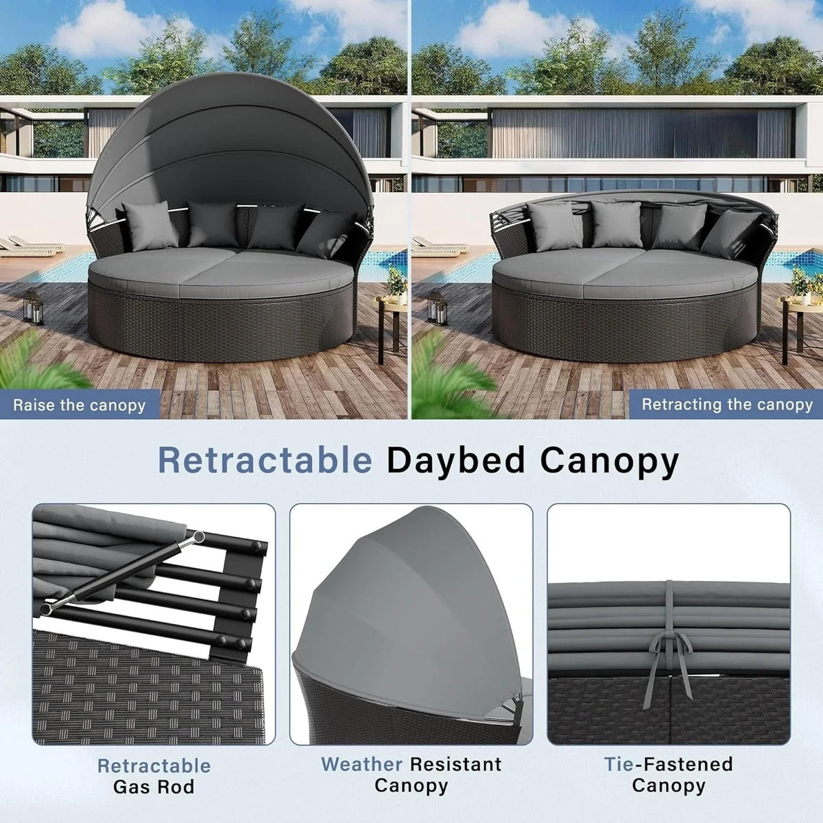 Nuon 4-/5-teiliges Outdoor-Lounge-Set für die Terrasse, Rattan-Tagesbett-Set mit Baldachin von Havenside Home