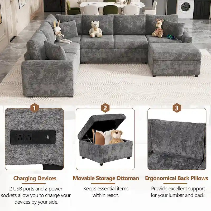 Divano componibile in ciniglia trasformabile in divano letto estraibile, divano letto ad angolo a L con pouf contenitore, 3 cuscini e dispositivi di ricarica