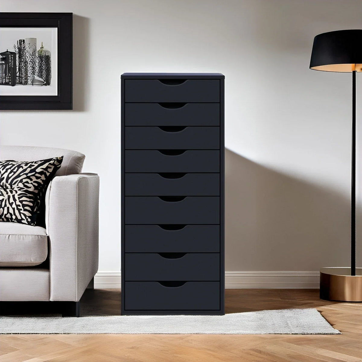 Mobile stretto in legno con 9 cassetti scorrevoli e ripiano superiore contenitore