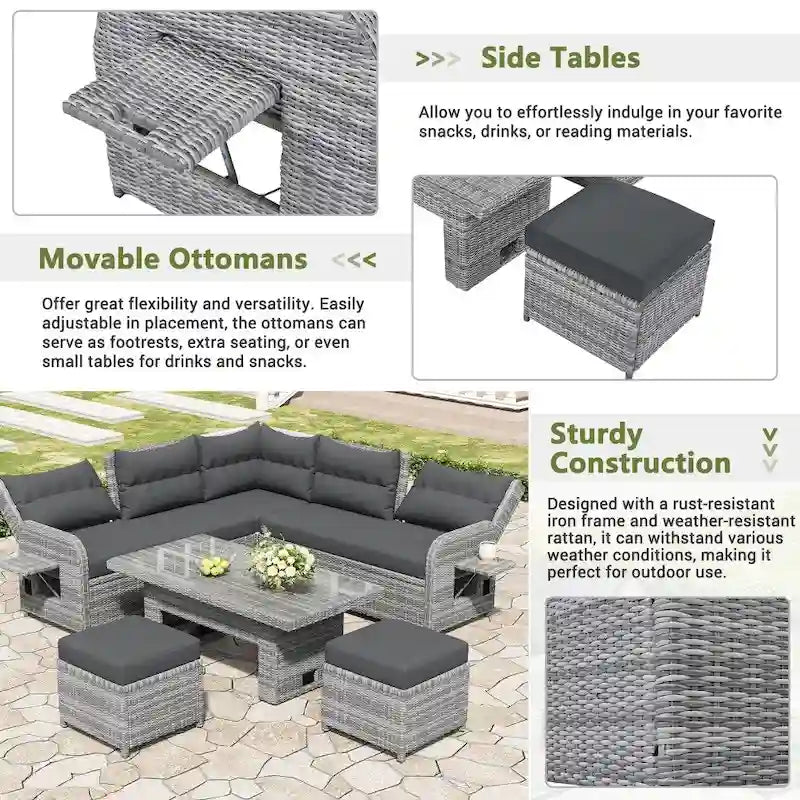 Set di mobili da esterno in rattan con tavolo regolabile, poltrone reclinabili e 2 pouf