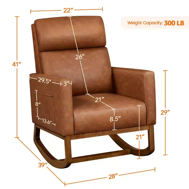 Sedia a dondolo rivestita in similpelle con gambe in legno di gomma marrone