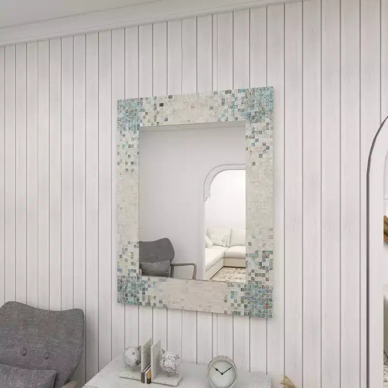 Madreperla Specchio da Parete Mosaico Fatto a Mano con Angoli Blu Crema