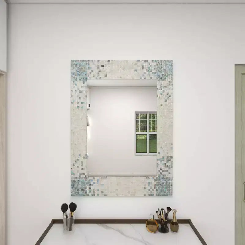 Madreperla Specchio da Parete Mosaico Fatto a Mano con Angoli Blu Crema