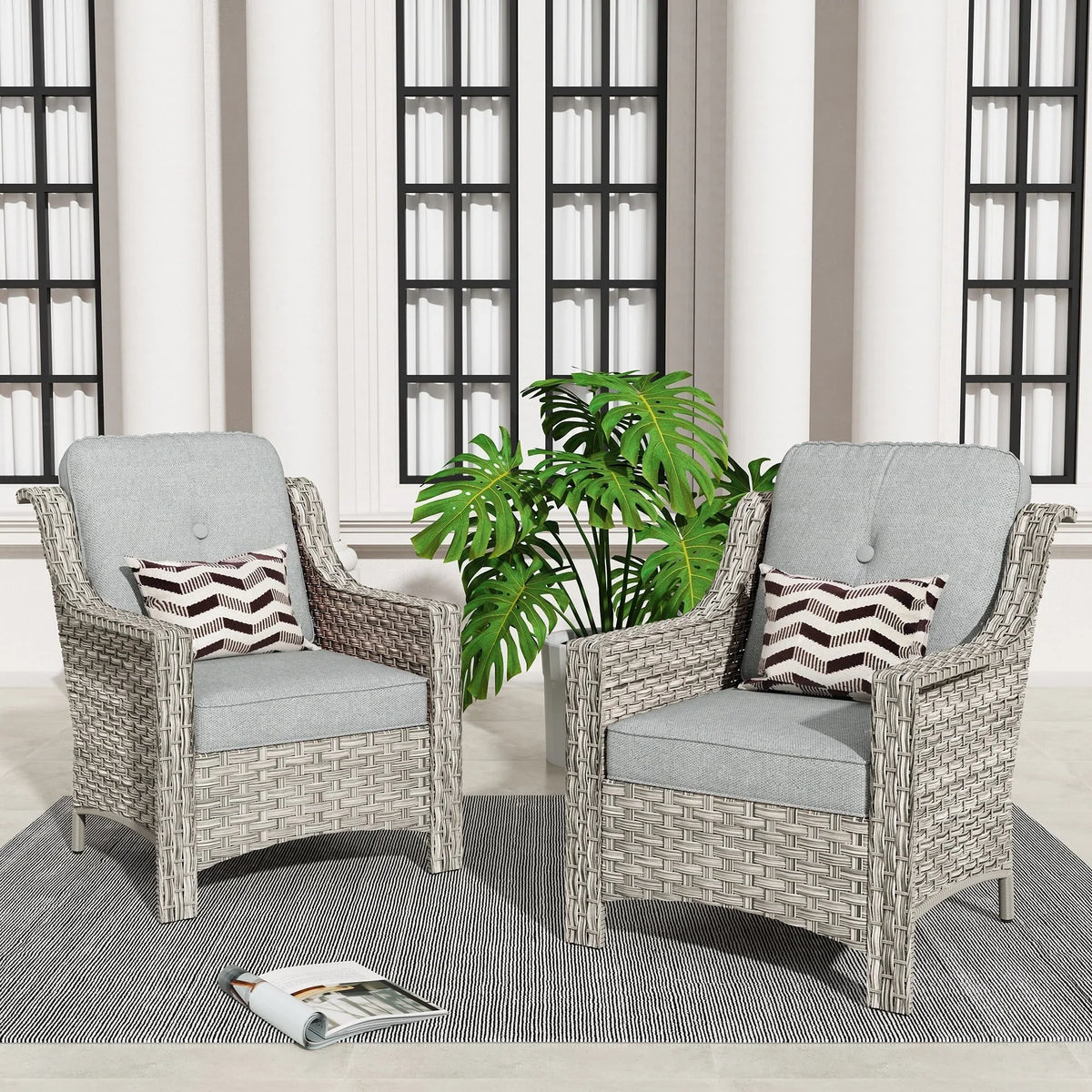 HOOOWOOO Set di 2 sedie da esterno per patio in vimini e rattan con schienale alto
