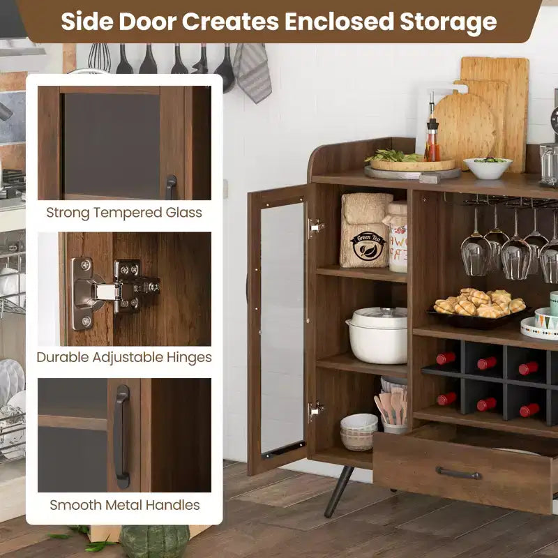 Mobile credenza da cucina con portabicchieri a 3 file, ripiano rimovibile, anta in vetro temperato e kit antiribaltamento