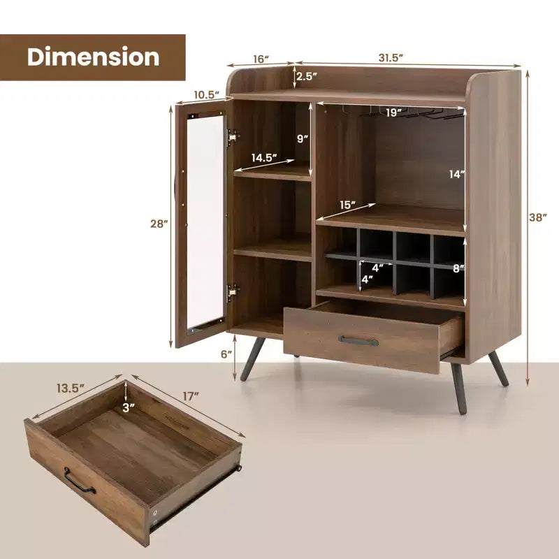 Mobile credenza da cucina con portabicchieri a 3 file, ripiano rimovibile, anta in vetro temperato e kit antiribaltamento