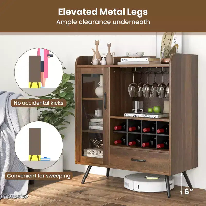 Mobile credenza da cucina con portabicchieri a 3 file, ripiano rimovibile, anta in vetro temperato e kit antiribaltamento