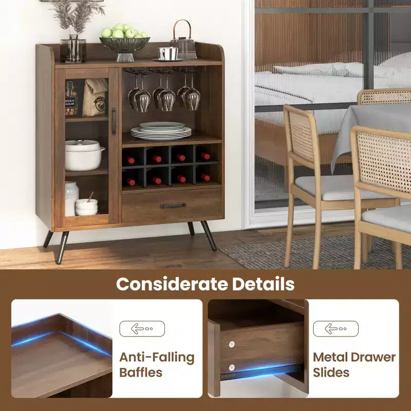 Mobile credenza da cucina con portabicchieri a 3 file, ripiano rimovibile, anta in vetro temperato e kit antiribaltamento