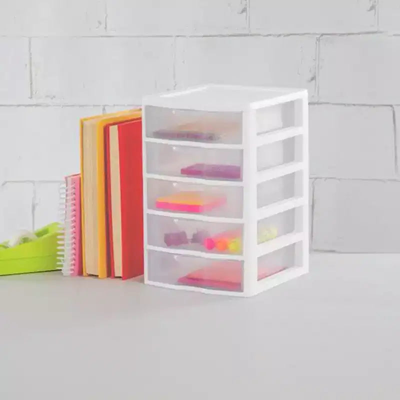 Sistema di organizzazione da scrivania e cassetti Clearview Small con 5 cassetti impilabili in plastica trasparente per cancelleria o penne