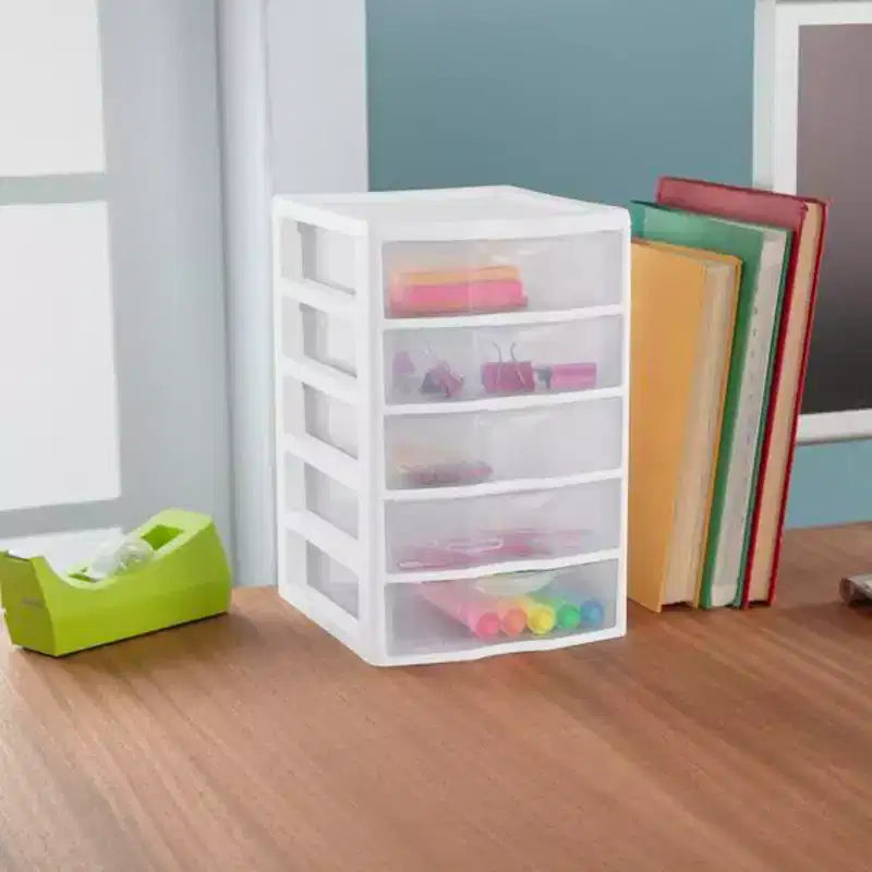 Sistema di organizzazione da scrivania e cassetti Clearview Small con 5 cassetti impilabili in plastica trasparente per cancelleria o penne