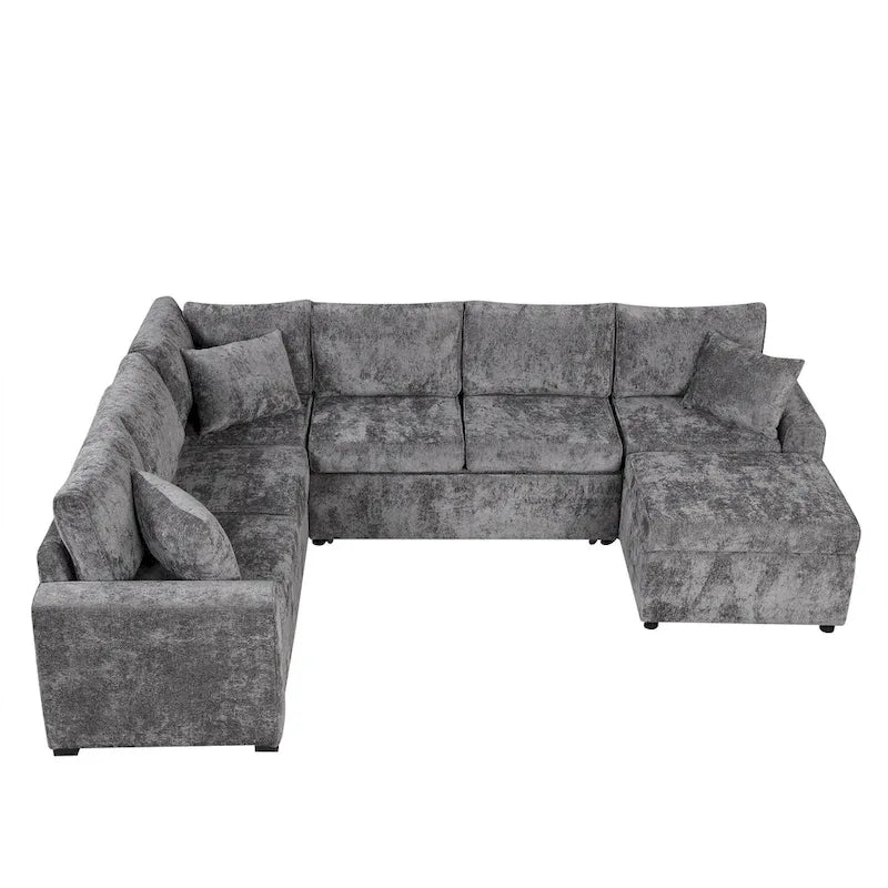 Divano componibile in ciniglia trasformabile in divano letto estraibile, divano letto ad angolo a L con pouf contenitore, 3 cuscini e dispositivi di ricarica