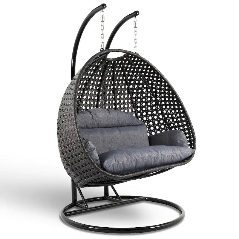 Sedia sospesa a dondolo a forma di uovo con supporto in metallo, struttura in vimini e cuscino ¨C Beige / Blu antracite / Bianco / Blu / Bianco anticato / Marrone / Tela, posti 2