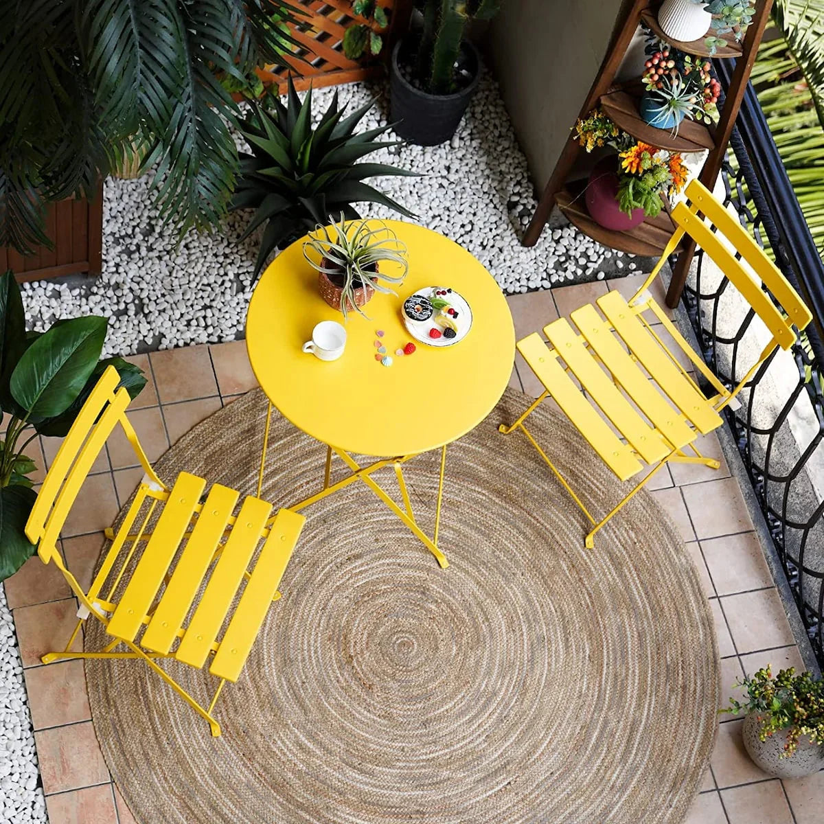 Set da bistrot pieghevole in metallo da 3 pezzi, resistente agli agenti atmosferici, per esterni/interni, patio, cortile e giardino
