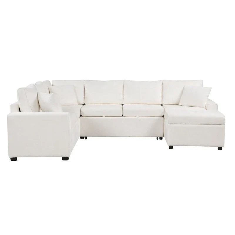 Divano componibile in ciniglia trasformabile in divano letto estraibile, divano letto ad angolo a L con pouf contenitore, 3 cuscini e dispositivi di ricarica