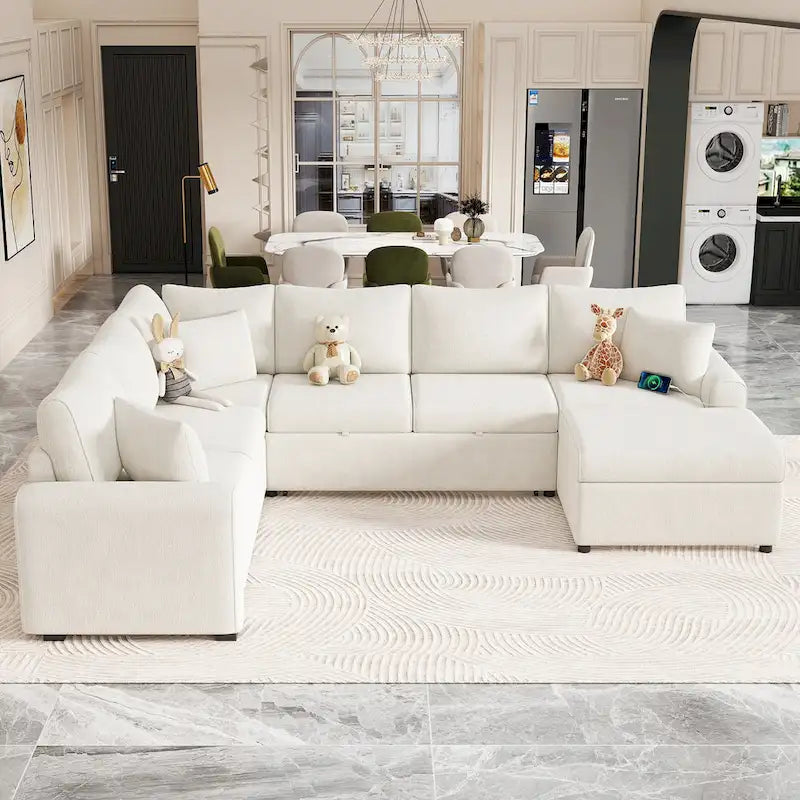 Divano componibile in ciniglia trasformabile in divano letto estraibile, divano letto ad angolo a L con pouf contenitore, 3 cuscini e dispositivi di ricarica