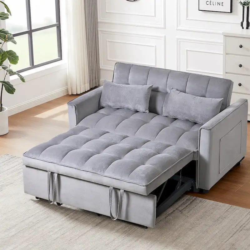 Divanetto futon moderno in velluto con schienale reclinabile e tasche, per 2 persone ??Grigio scuro / Grigio chiaro / Blu / Nero