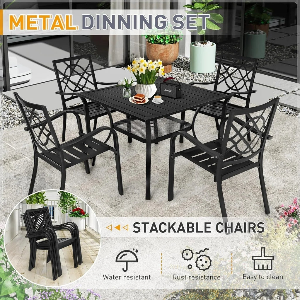 SUNCROWN 5/7-delige stalen tuin-eetsets, metalen tafel met lattenblad en stapelbare stoelen, gepoedercoat frame