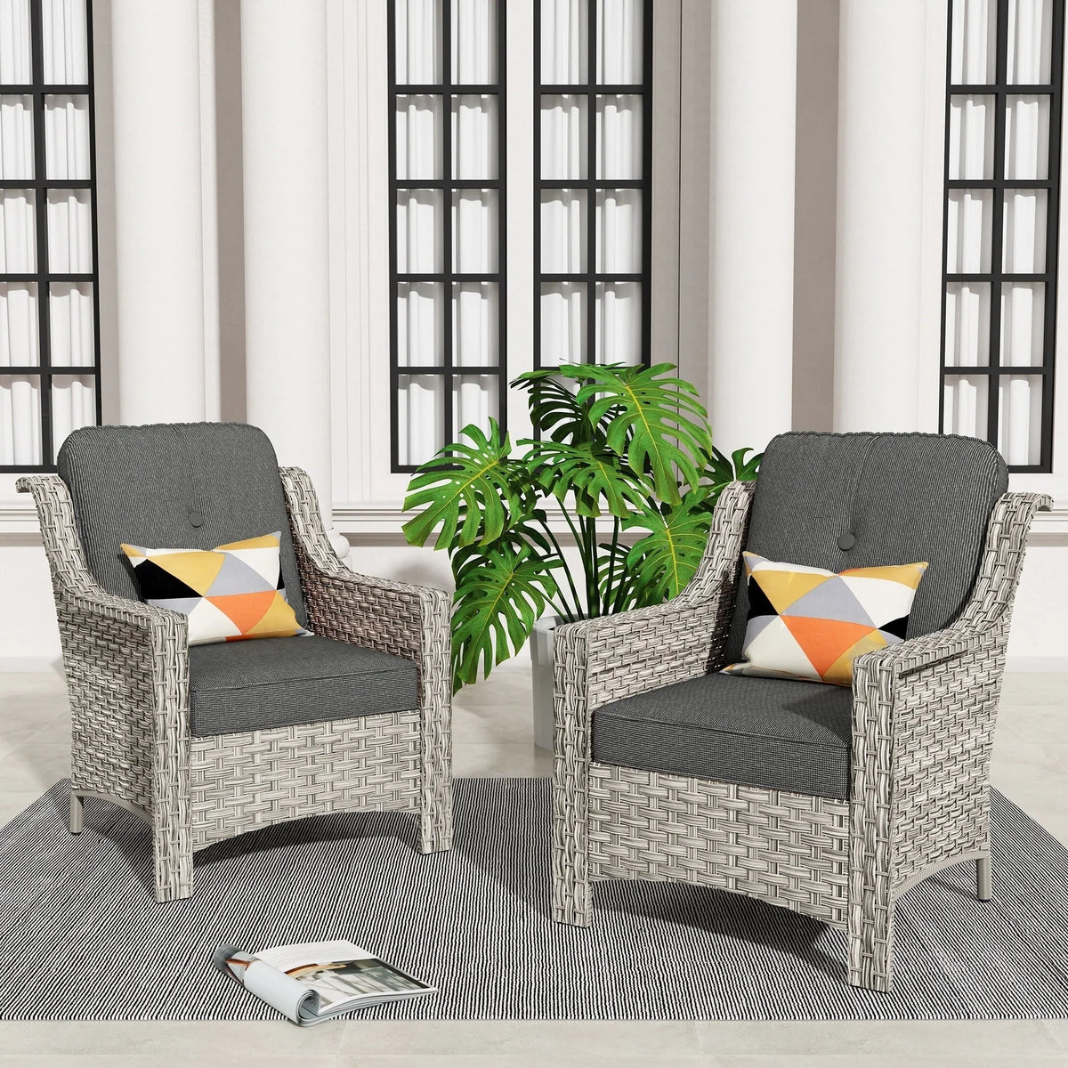 HOOOWOOO Set di 2 sedie da esterno per patio in vimini e rattan con schienale alto