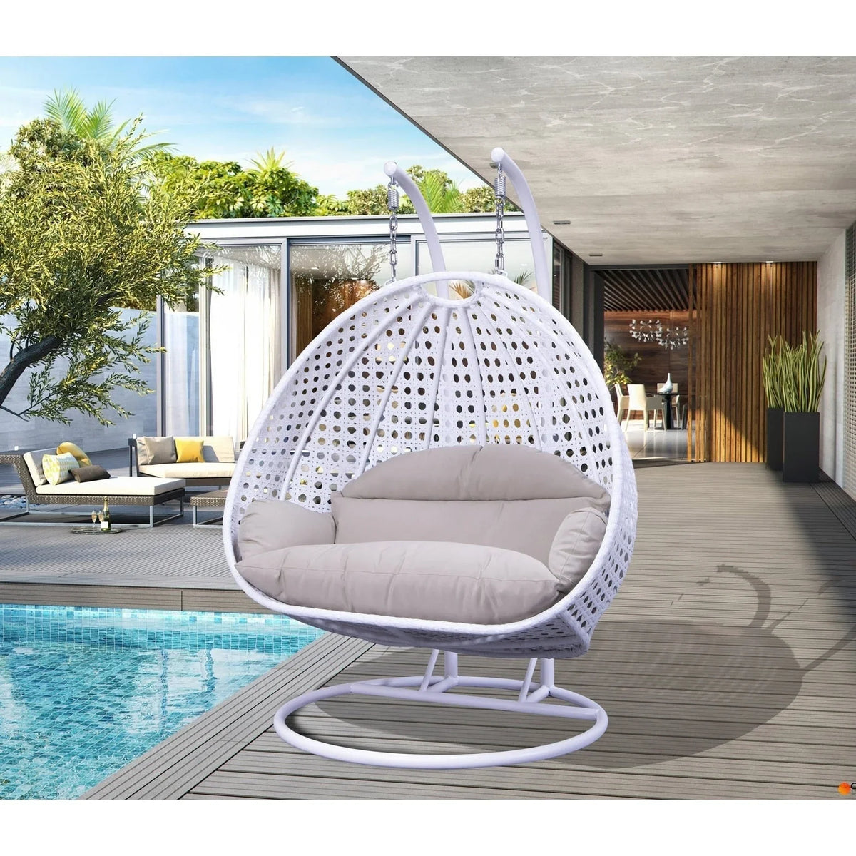 Poltrona sospesa a uovo LeisureMod per 2 persone con supporto - Altalena da patio in rattan intrecciato per esterni/interni, chaise longue con cuscini