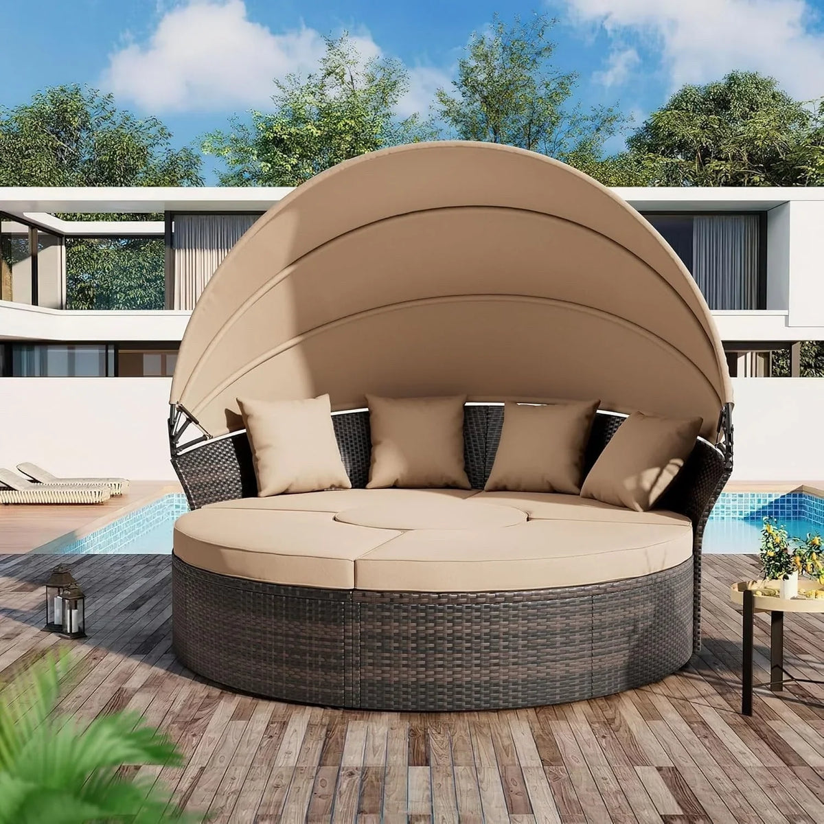 Set da conversazione da esterno Nuon da 4/5 pezzi, set con divano letto in vimini e baldacchino, di Havenside Home