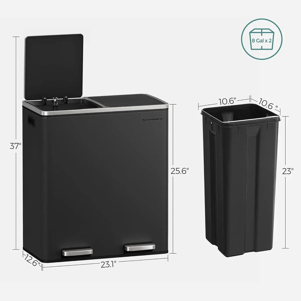 Doppio bidone della spazzatura SONGMICS, cestino per rifiuti in acciaio inox da 16 galloni, nero