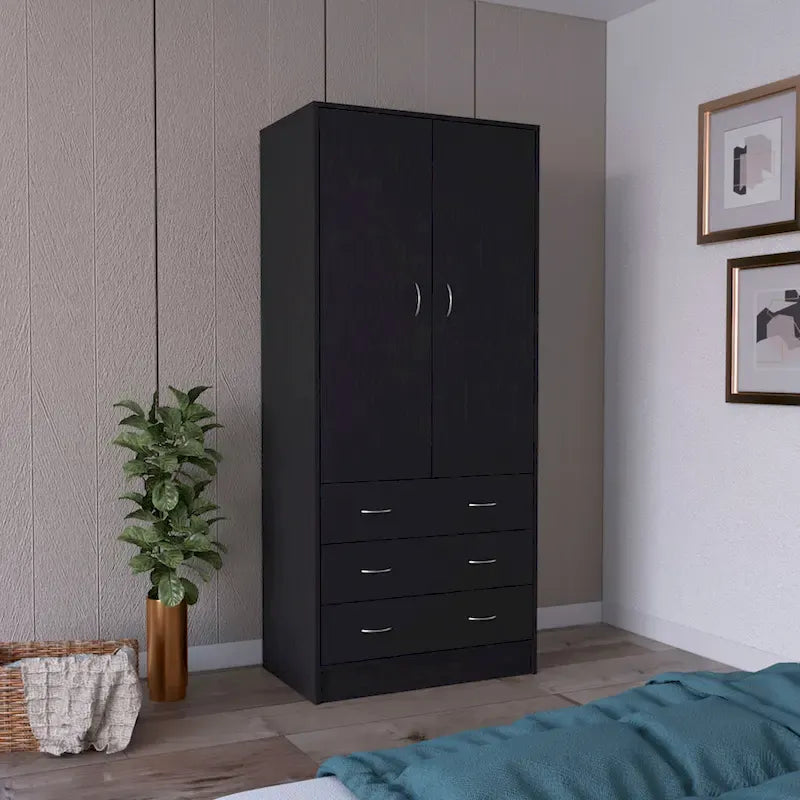 Armadio moderno a 2 ante con 3 cassetti e 1 asta appendiabiti per la camera da letto
