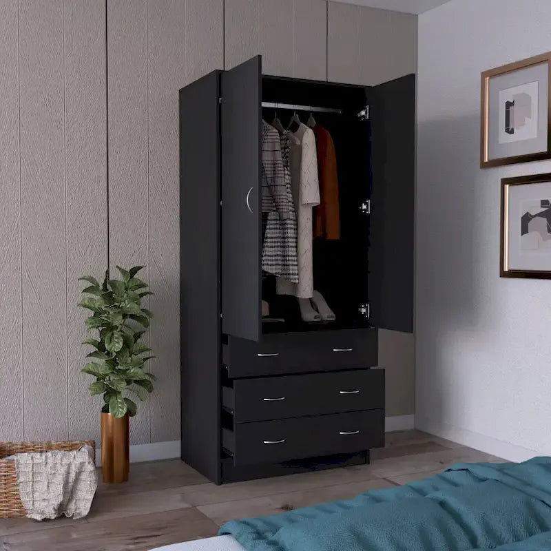 Armadio moderno a 2 ante con 3 cassetti e 1 asta appendiabiti per la camera da letto