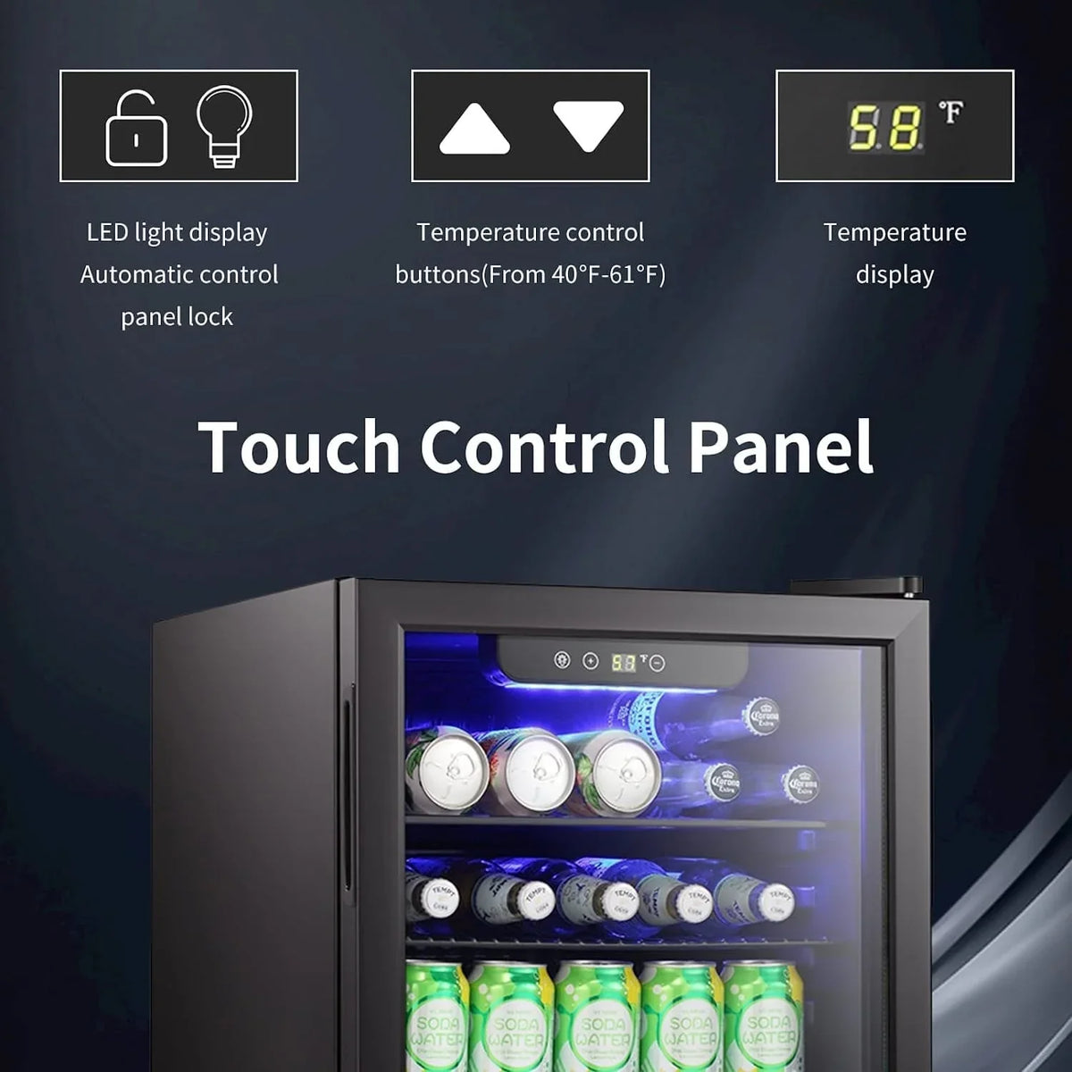 Mini-Kühlschrank für 100 Dosen, Getränkekühlschrank und Weinkühler mit transparenter Glastür und Touchscreen – 2,6 cu. ft.