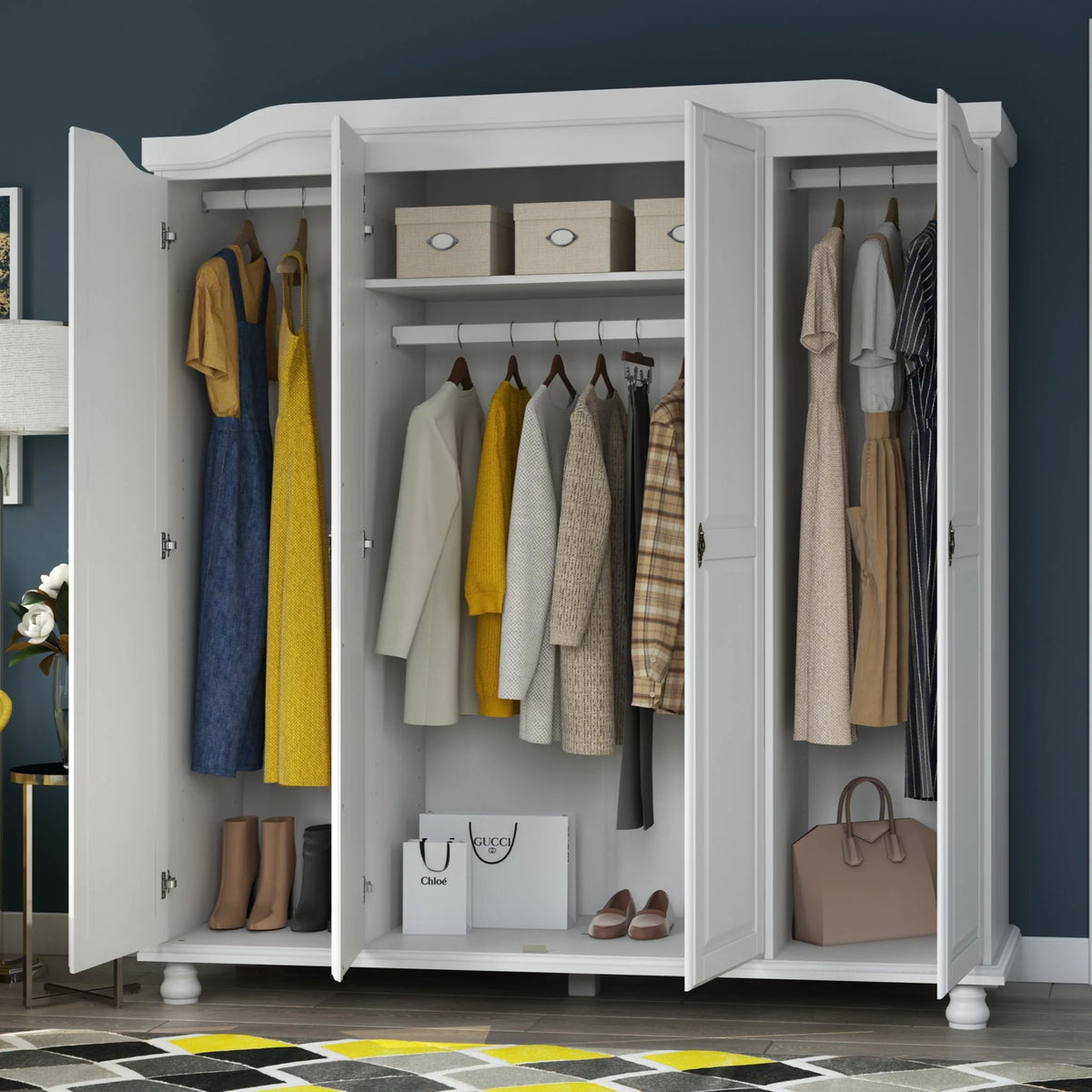 Armadio guardaroba a 4 ante Palace Imports Kyle in legno massello al 100% con ante in legno massello o a specchio