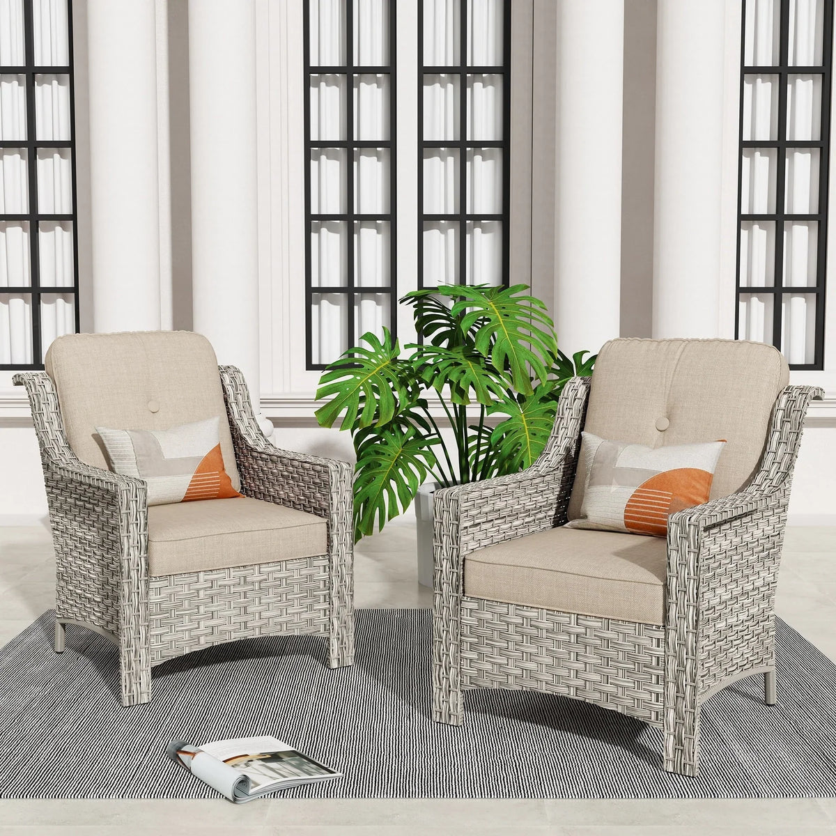 HOOOWOOO Set di 2 sedie da esterno per patio in vimini e rattan con schienale alto
