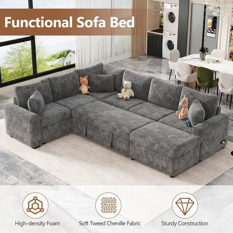 Divano componibile in ciniglia trasformabile in divano letto estraibile, divano letto ad angolo a L con pouf contenitore, 3 cuscini e dispositivi di ricarica