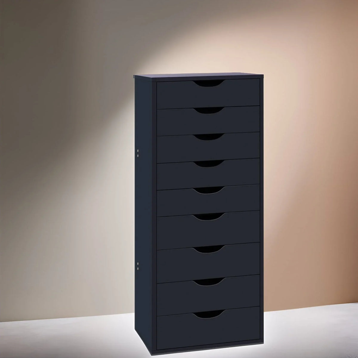 Mobile stretto in legno con 9 cassetti scorrevoli e ripiano superiore contenitore