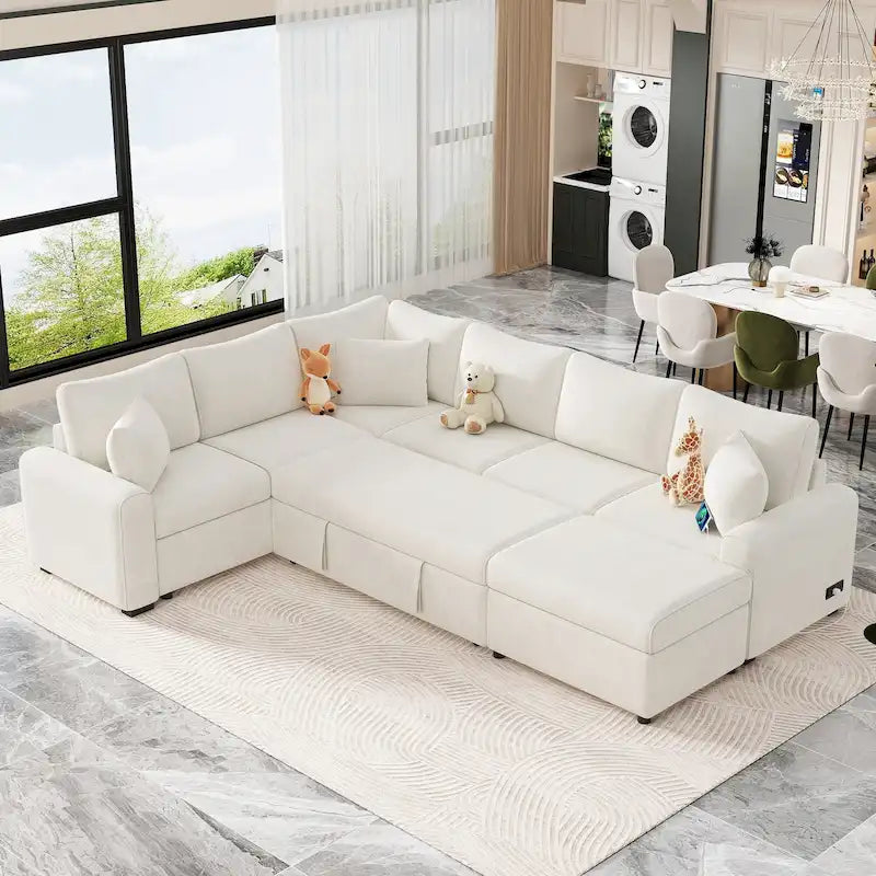 Divano componibile in ciniglia trasformabile in divano letto estraibile, divano letto ad angolo a L con pouf contenitore, 3 cuscini e dispositivi di ricarica