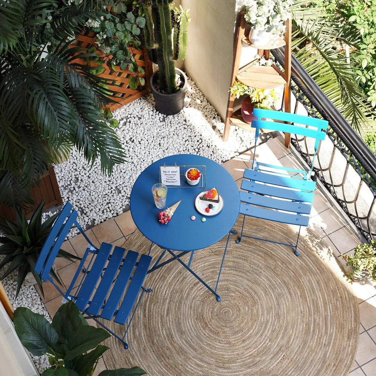 Set da bistrot pieghevole in metallo da 3 pezzi, resistente agli agenti atmosferici, per esterni/interni, patio, cortile e giardino