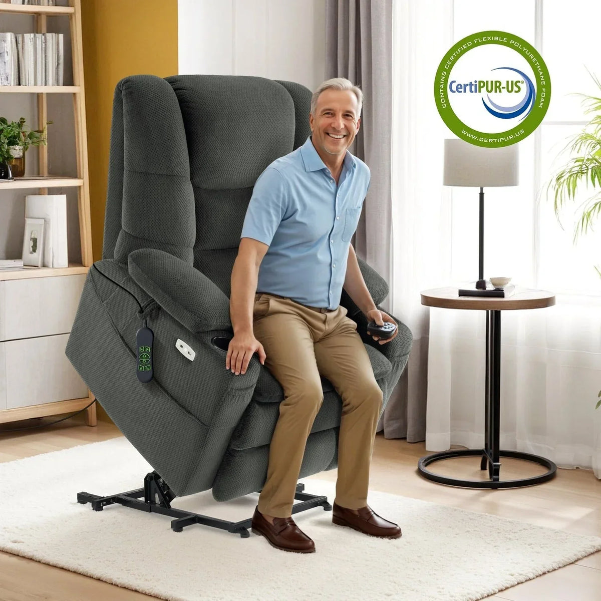 Poltrona reclinabile elettrica MCombo extra larga con doppio motore, funzione alzapersone, massaggio e doppio riscaldamento per persone robuste e alte e anziani, tessuto R7635
