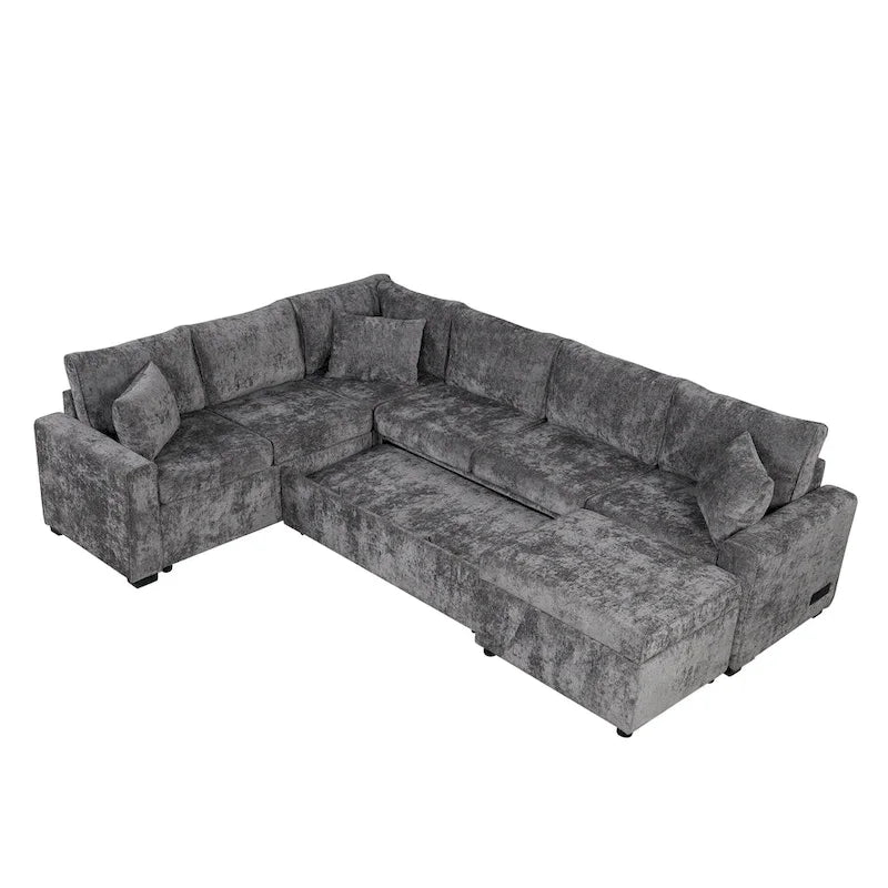 Divano componibile in ciniglia trasformabile in divano letto estraibile, divano letto ad angolo a L con pouf contenitore, 3 cuscini e dispositivi di ricarica