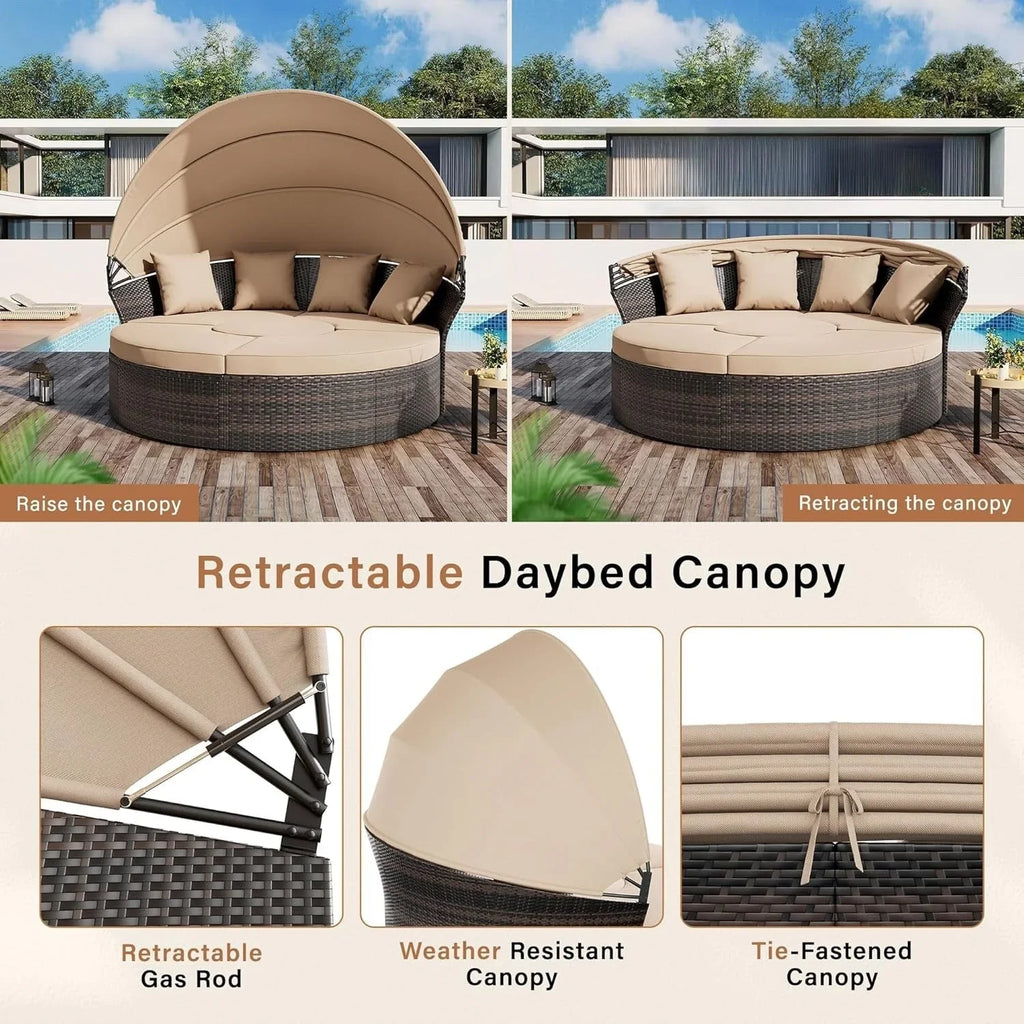Nuon 4-/5-teiliges Outdoor-Lounge-Set für die Terrasse, Rattan-Tagesbett-Set mit Baldachin von Havenside Home