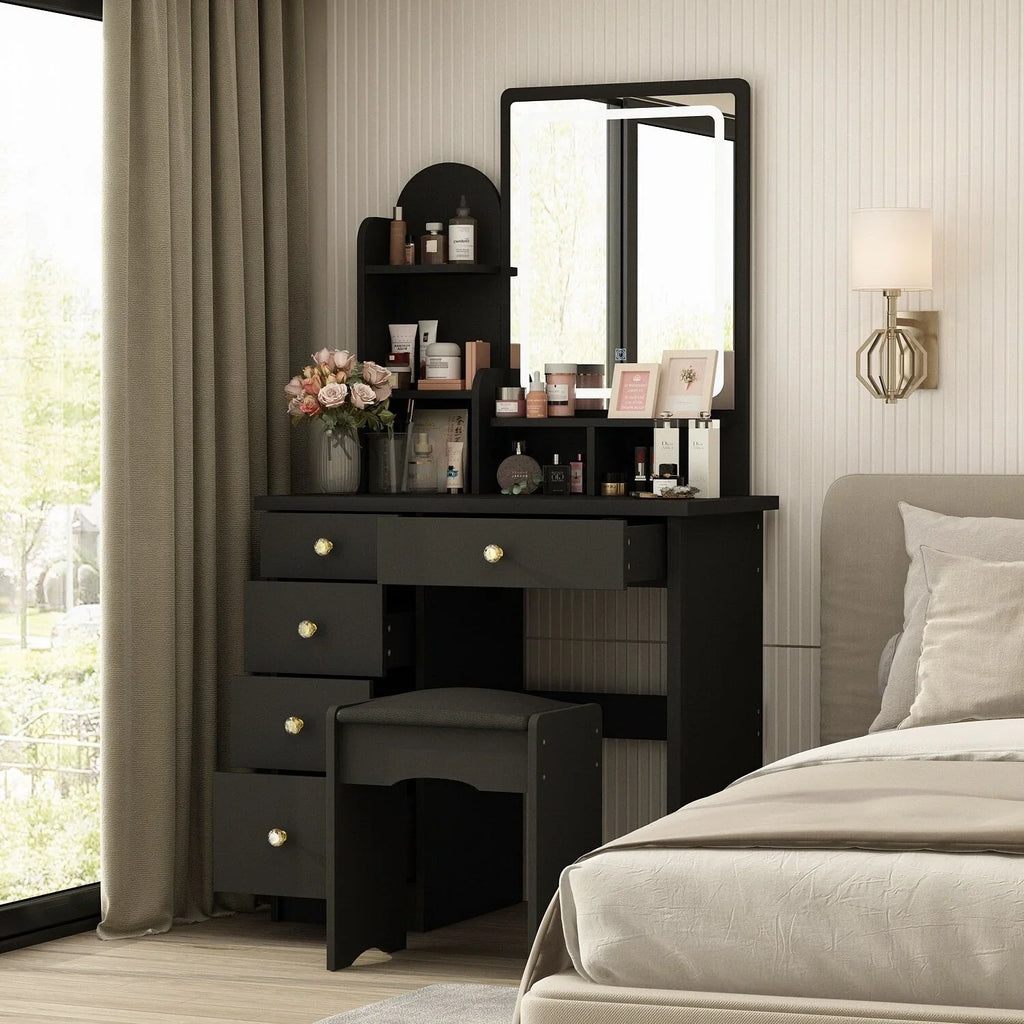 Make-uptafelset met ledverlichting, spiegel en kruk
