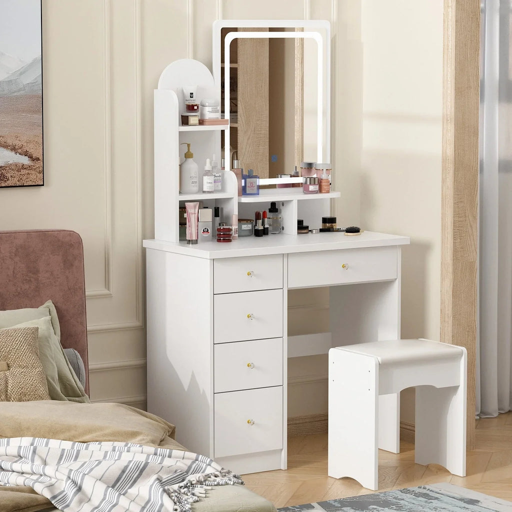 Make-uptafelset met ledverlichting, spiegel en kruk