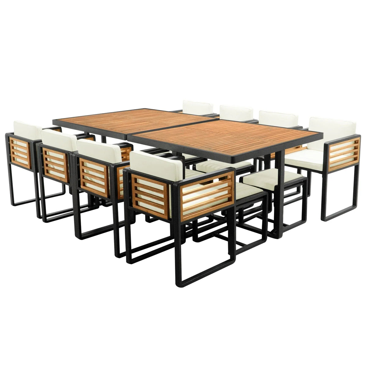Set da pranzo da esterno in legno di acacia da 18 pezzi, 8 sedie imbottite, 8 pouf e 2 tavoli quadrati