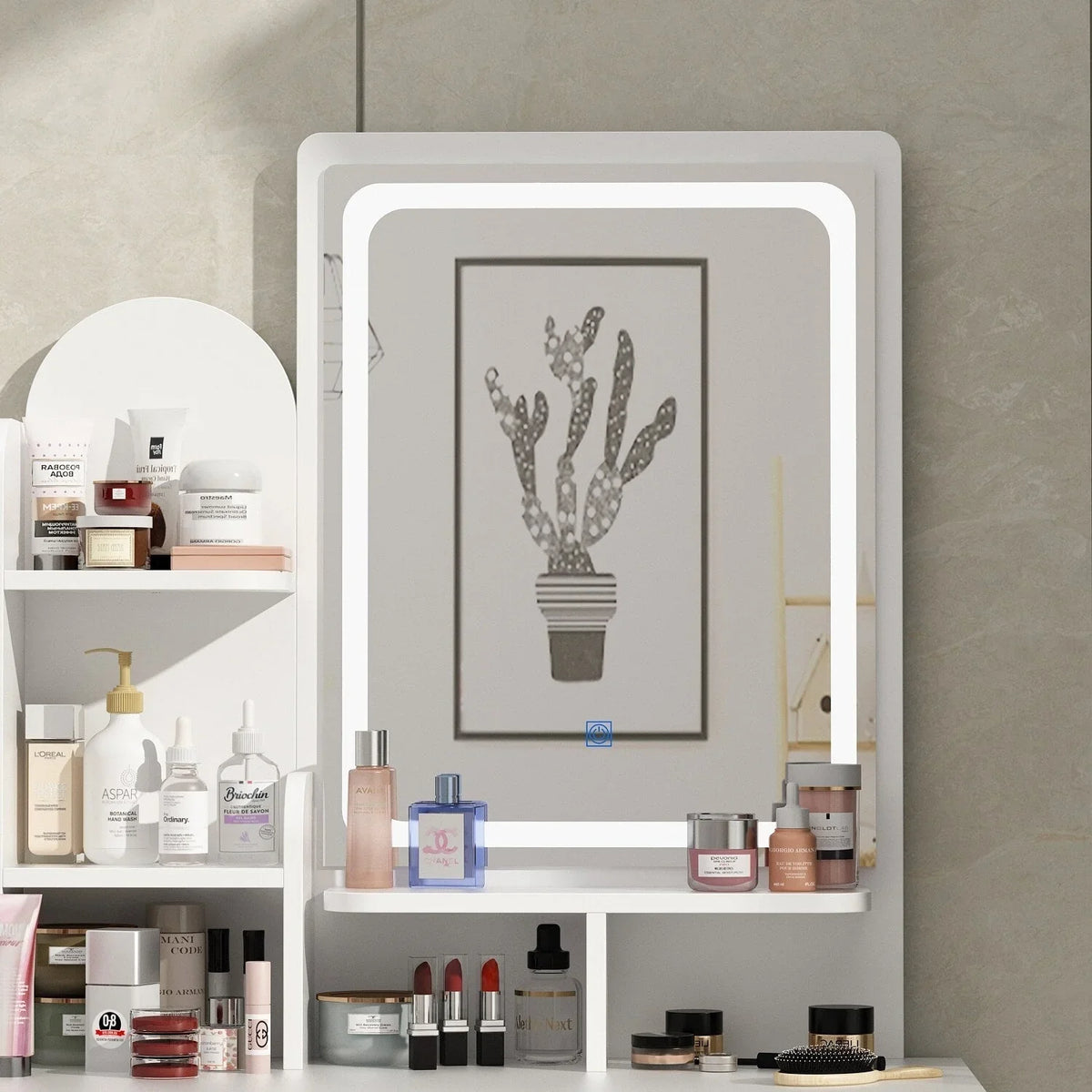 Make-uptafelset met ledverlichting, spiegel en kruk