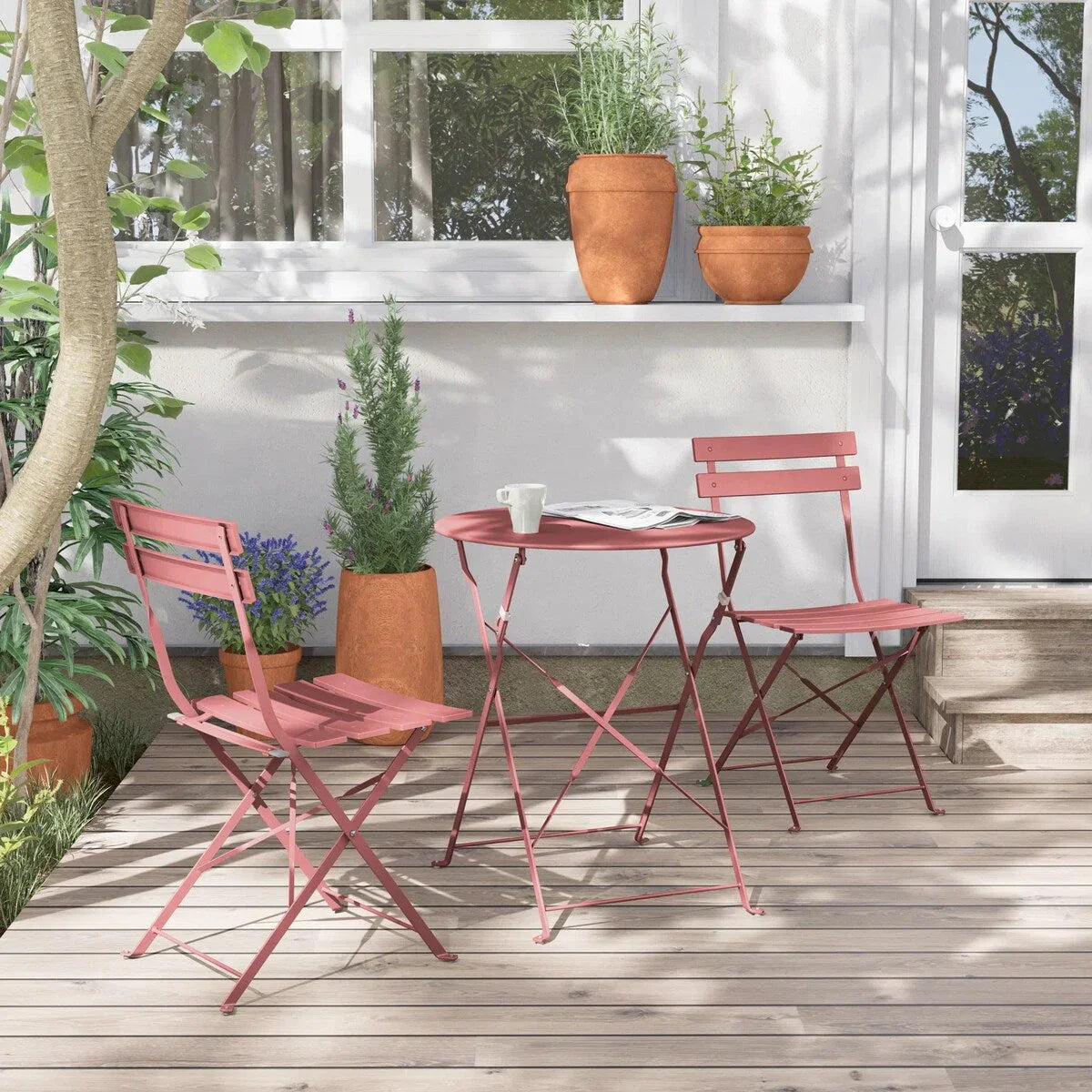 Set da bistrot pieghevole in metallo da 3 pezzi, resistente agli agenti atmosferici, per esterni/interni, patio, cortile e giardino