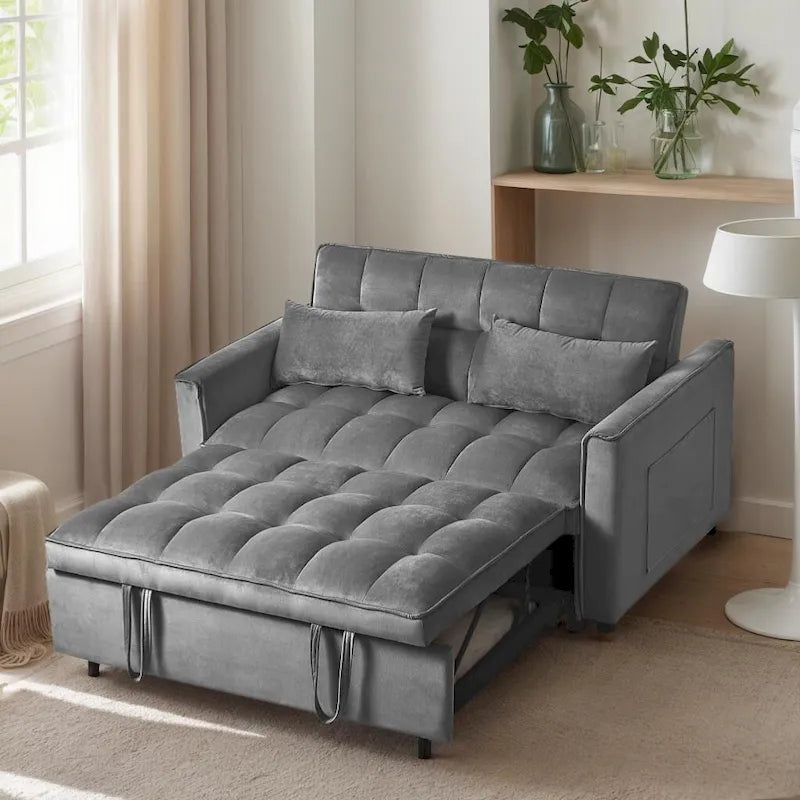 Divanetto futon moderno in velluto con schienale reclinabile e tasche, per 2 persone ??Grigio scuro / Grigio chiaro / Blu / Nero
