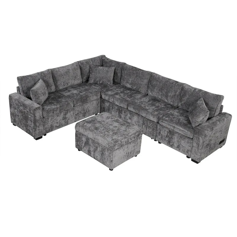 Divano componibile in ciniglia trasformabile in divano letto estraibile, divano letto ad angolo a L con pouf contenitore, 3 cuscini e dispositivi di ricarica