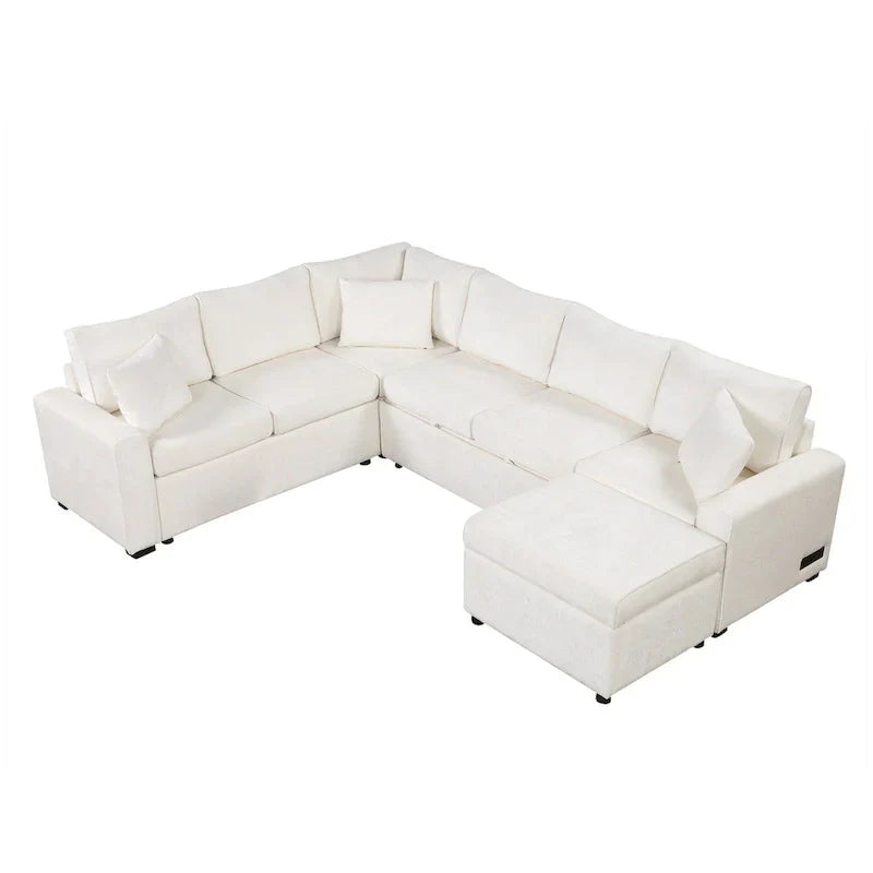 Divano componibile in ciniglia trasformabile in divano letto estraibile, divano letto ad angolo a L con pouf contenitore, 3 cuscini e dispositivi di ricarica