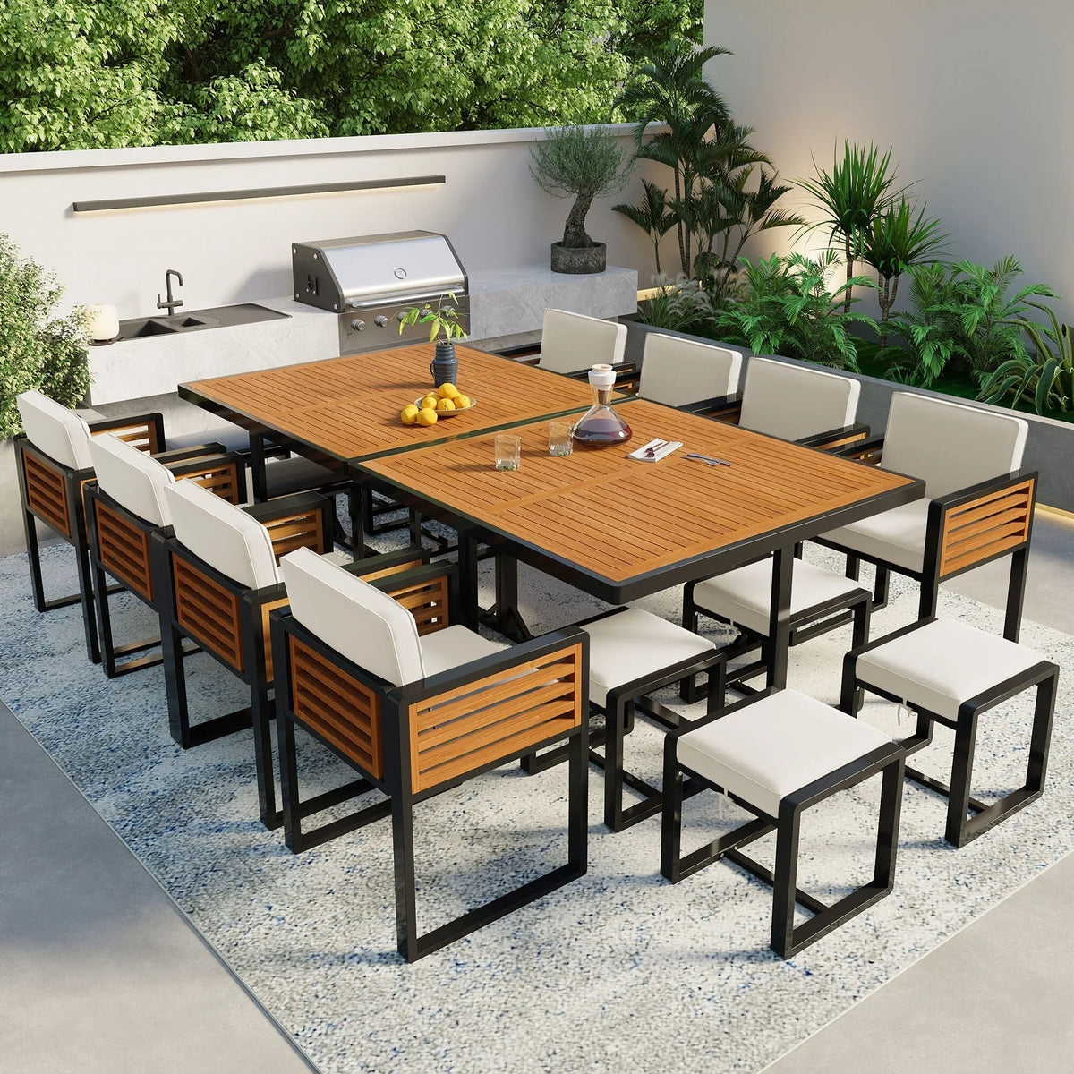 Set da pranzo da esterno in legno di acacia da 18 pezzi, 8 sedie imbottite, 8 pouf e 2 tavoli quadrati